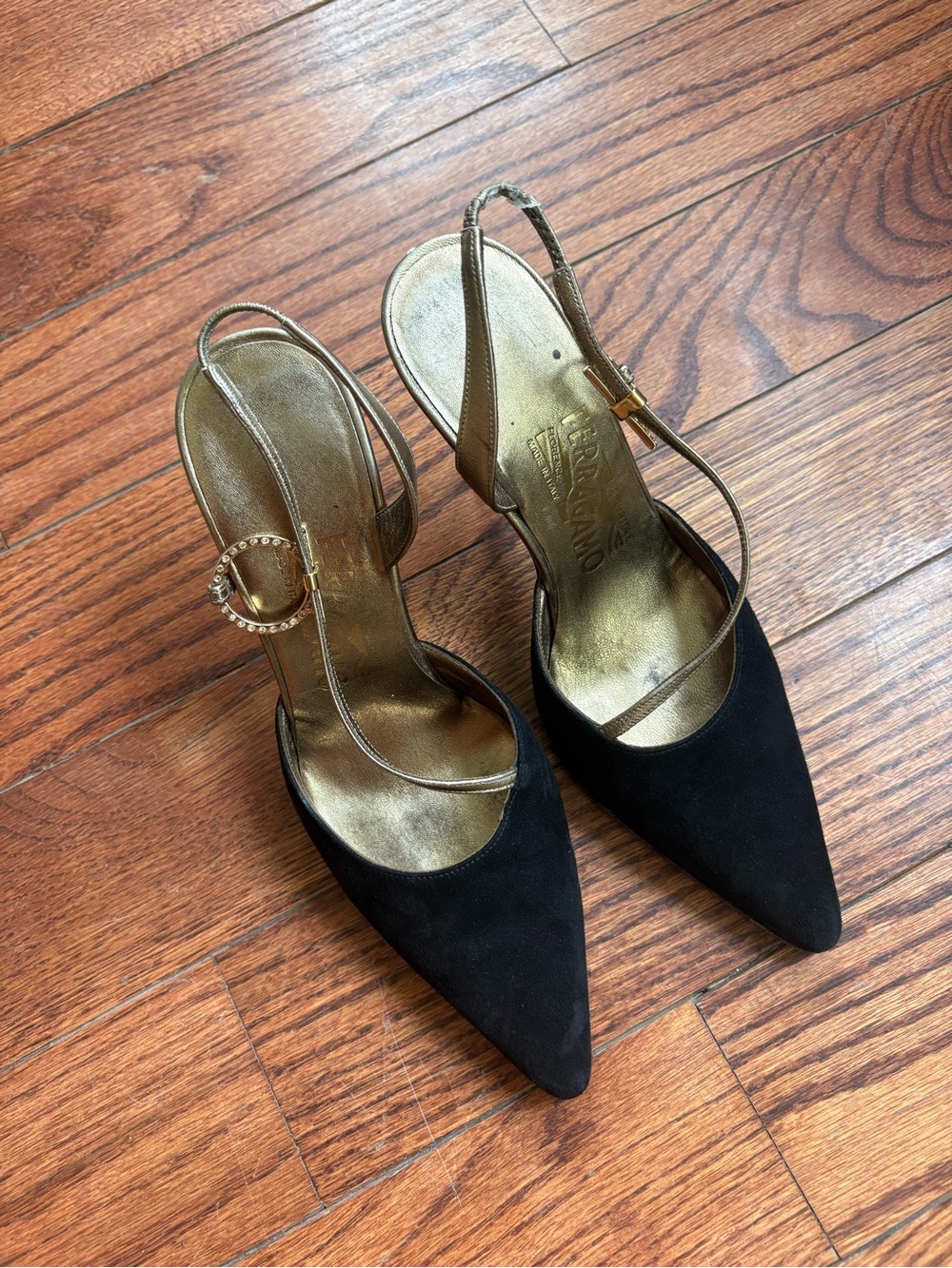 Vintage Salvatore Ferragamo Black Suede Pointed Toe Slingback Heels